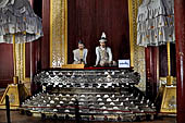 Myanmar - Mandalay, The Royal Palace statues of King Theebaw and his qeen, they claimed the throne after having 80 relatives beaten to death.